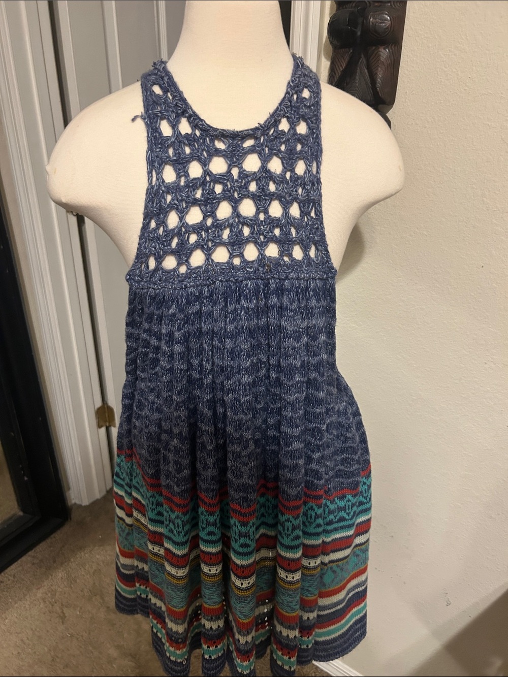 Free People womens  Navy blue Knit Halter Dress with Multicolor Hem